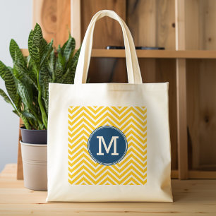 Bolsa Tote Padrão Chevron Amarelo e Azul com Monograma