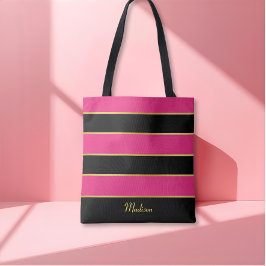 Bolsa Tote Padrão Chic Modern preto-rosa Stripes com Nome