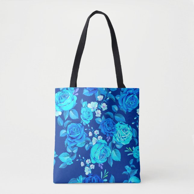Bolsa Tote Padrão Clássico de Flores de Rosa Azul-876 (Frente)