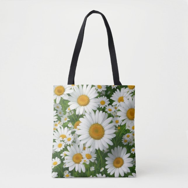 Bolsa Tote Padrão clássico de margarida branco floral verde (Frente)