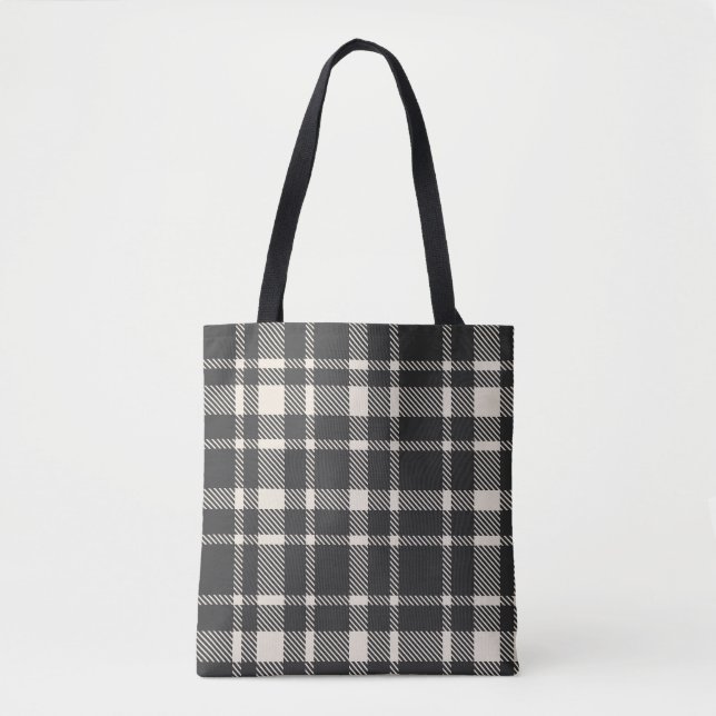 Bolsa Tote Padrão Clássico de Tartan Xadrez - Preto e Esbranq (Frente)