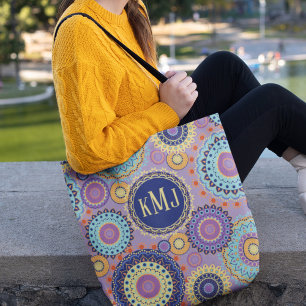 Bolsa Tote Padrão Clássico Moderno Colorido Monograma Mandala