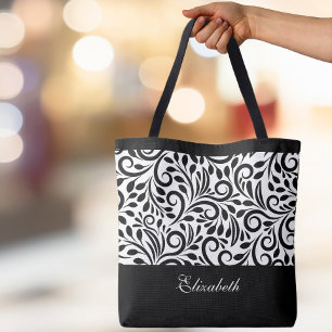 Bolsa Tote Padrão Clássico Preto e Branco de Nome Personaliza