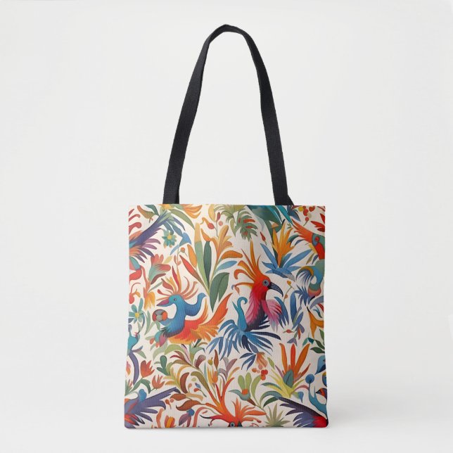 Bolsa Tote Padrão Colorido de Aves Otomi (Frente)