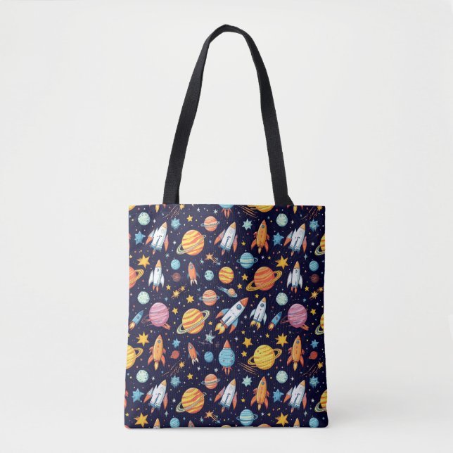 Bolsa Tote Padrão Colorido de Exploração Espacial (Frente)
