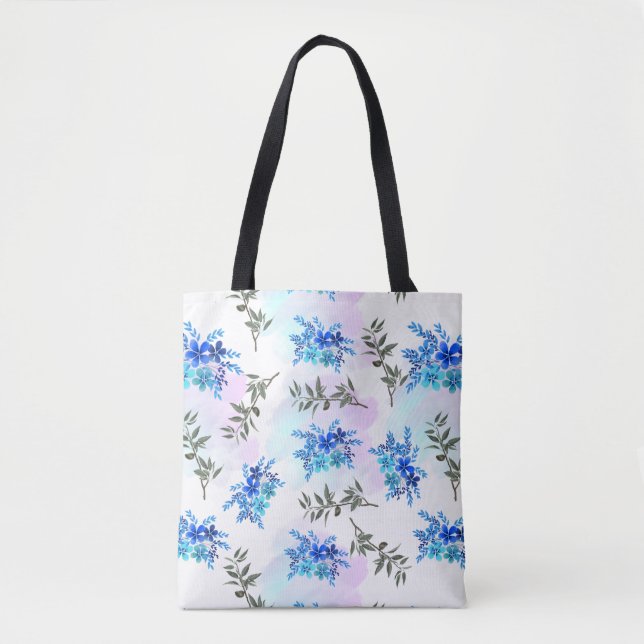Bolsa Tote padrão com buquê azul de flores e folhas (Frente)