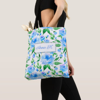 Bolsa Tote Padrão com flores de aquarela azul