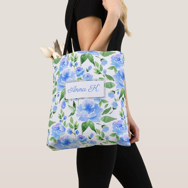 Bolsa Tote Padrão com flores de aquarela azul (Close Up)