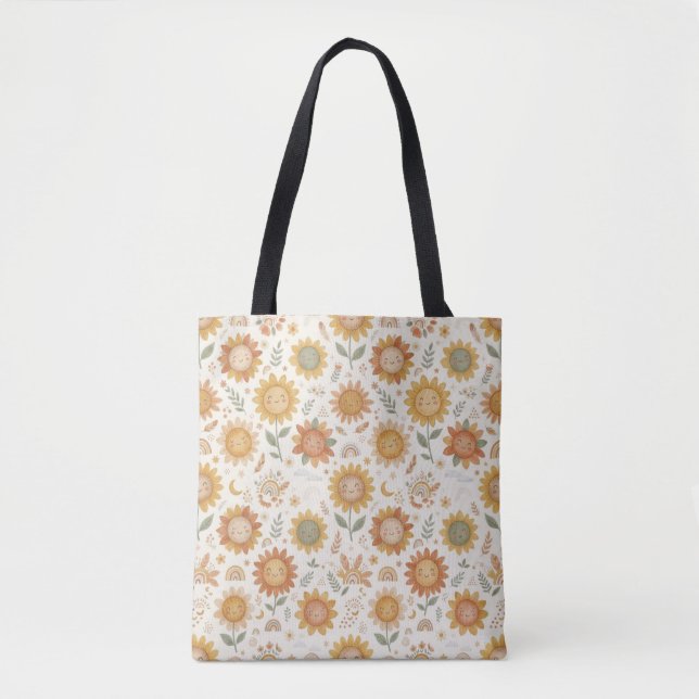 Bolsa Tote Padrão contínuo de girassol ensolarado e arco-íris (Frente)
