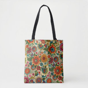 Bolsa Tote Padrão cottagecore de flor marrom roxa laranja