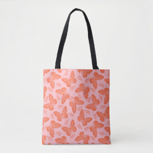 Bolsa Tote Padrão da borboleta laranja sobre fundo rosa