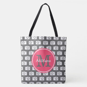Bolsa Tote Padrão da câmera da Cinza monograma e nome persona