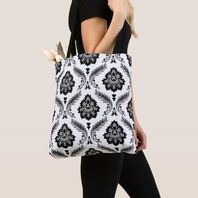Bolsa Tote Padrão Damasco Rococó Cinza Preto Branco (Close Up)