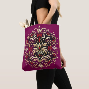 Bolsa tote padrão Damasco Vermelho, Dourado e Pret