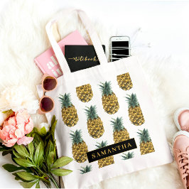 Bolsa Tote Padrão De Abacaxi De Aquarela Tropical Com Nome