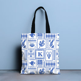 Bolsa Tote Padrão de Abstrato branco azul moderno monograma