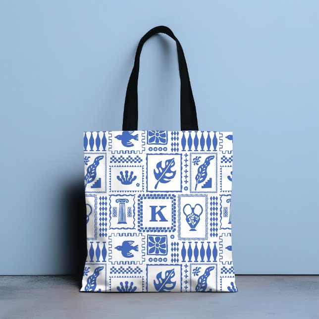 Bolsa Tote Padrão de Abstrato branco azul moderno monograma (Criador carregado)