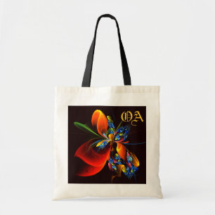Bolsa Tote Padrão de Abstrato de Arte Floral Azul Laranja Mod