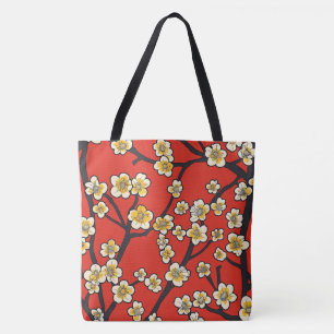 Bolsa Tote Padrão de Ameixa Branca Meihua Chinesa em Vermelho