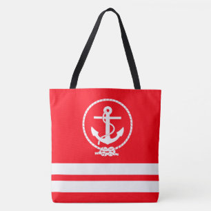 Bolsa Tote Padrão de âncora náutica na moda com listras branc