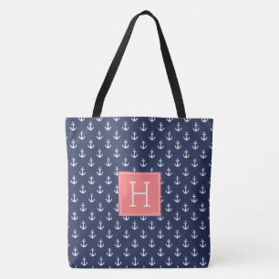 Bolsa Tote Padrão de Âncoras Azuis e Monograma de Coral