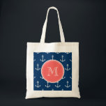 Bolsa Tote Padrão de Âncoras brancas marinhos, Monograma de C<br><div class="desc">Um padrão de âncora pré-definido, náutico, azul-marinho e branco com sua letra inicial em uma fonte moderna, em um rótulo de círculo de coral, banner, quadro com borda branca circular. GraphicsByMimi© Trendy, na moda, moderno e bonito padrão de âncoras que você pode personalizar com seu monograma para ela. Use o...</div>