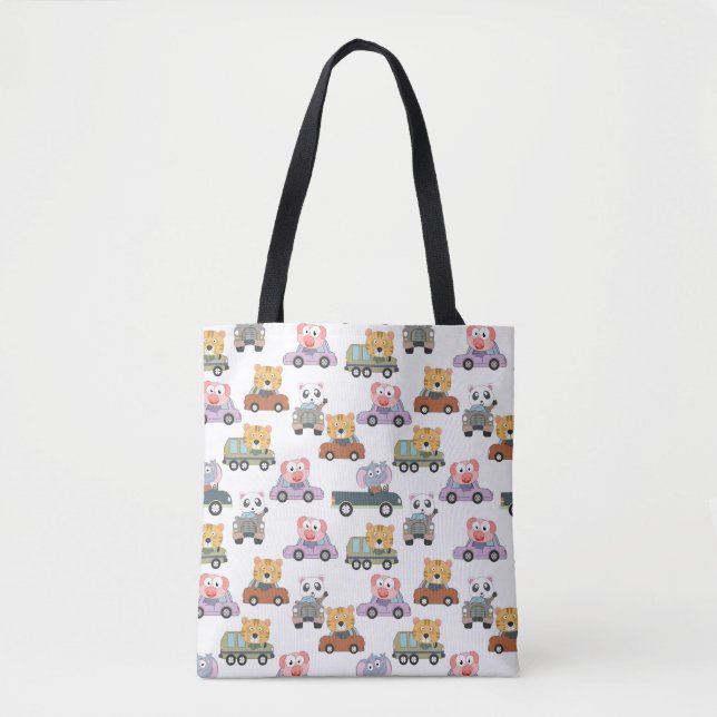 Bolsa Tote Padrão de Animais Fofos em Carros (Frente)