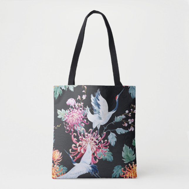Bolsa Tote Padrão de Aquarela de Crane Vermelha Chrysanthemum (Frente)
