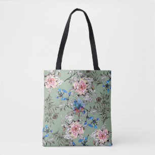 Bolsa Tote Padrão de Aquarela Floral de Fundo Verde.