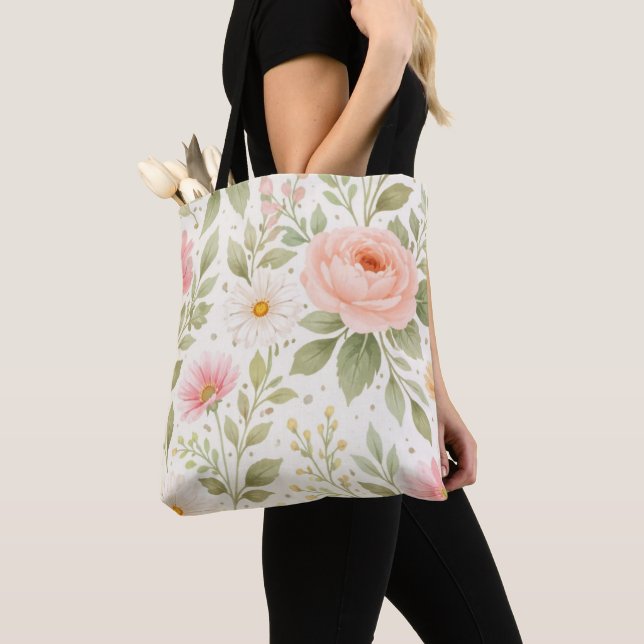 Bolsa Tote Padrão de Aquarela Floral Suave   (Close Up)