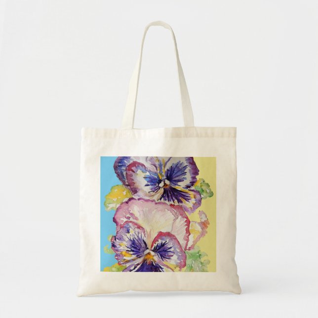 Bolsa Tote Padrão de Aquarela Pansy no Rosa e no Amarelo Páli (Frente)