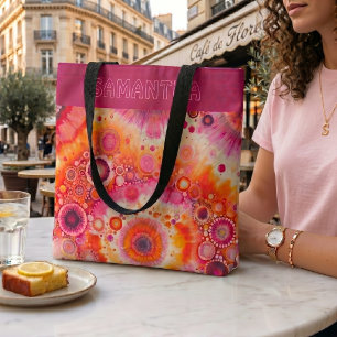 Bolsa Tote Padrão de Arte Batik Laranja Rosa Quente Personali