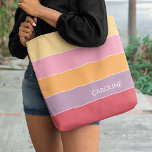Bolsa Tote Padrão de Arte de Stripes de Blocos Múltiplos Pers<br><div class="desc">Na moda e clássico chic clássico,  vermelho coral clássico contemporâneo,  violeta-roxo,  laranja claro,  rosa e padrão de faixas de blocos colorido amarelo claro design. Com espaço para personalizar com o nome de sua escolha. Belo,  original e legal cobrir para o motif amante da motif,  experiente e artístico.</div>
