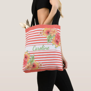 Bolsa Tote Padrão de Arte de Stripes Florais Modernas Elegant