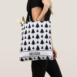 Bolsa Tote Padrão de árvore de Natal de abeto preto e branco