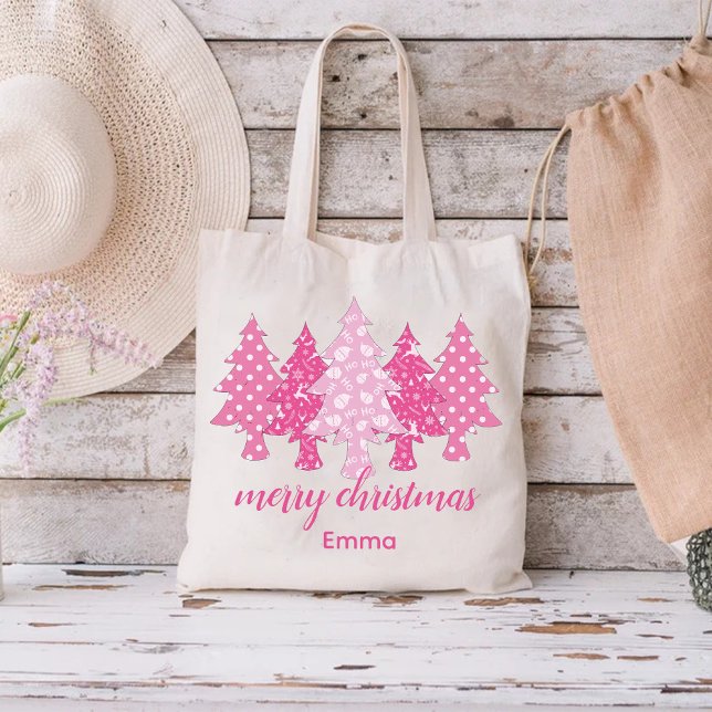 Bolsa Tote Padrão de Árvore de Natal Rosa com Nome Elegante (Pink Christmas Tree Pattern with Elegant Name Tote Bag)