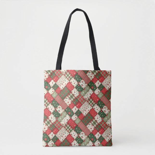 Bolsa Tote Padrão de árvore natal patchwork verde vermelho (Frente)