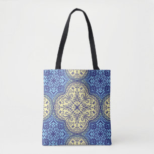 Bolsa Tote Padrão de Azulejo Azul e Dourado