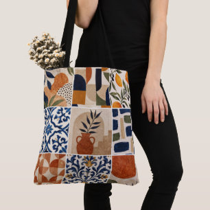 Bolsa Tote Padrão de Azulejo Boho Mediterrâneo