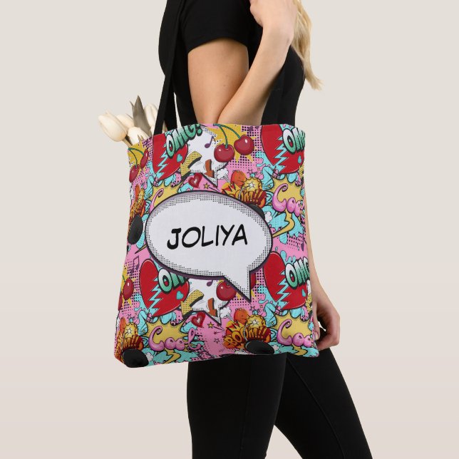 Bolsa Tote Padrão de banda desenhada rosa (Close Up)