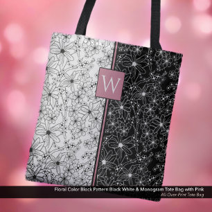 Bolsa Tote Padrão de bloco de cor floral Preto Branco e Monog