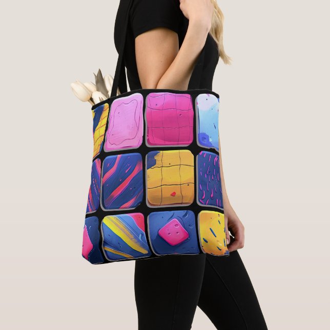 Bolsa Tote Padrão de Blocos Coloridos Abstratos (Close Up)