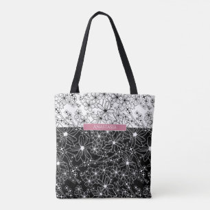 Bolsa Tote Padrão de Bloqueio de Cor Floral Branco Preto com 