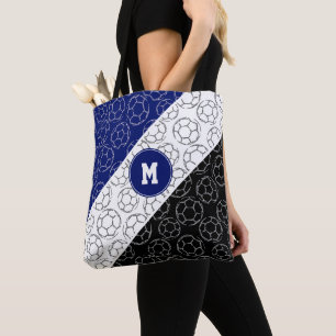 Bolsa Tote padrão de bolas de futebol em arte linear sobre az