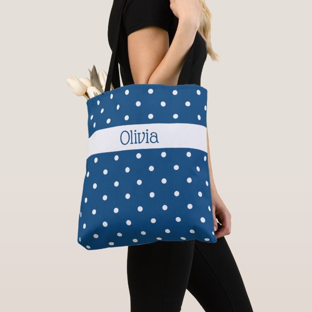 Bolsa Tote Padrão de Bolinhas Branco Azul de Nome Personaliza (Close Up)