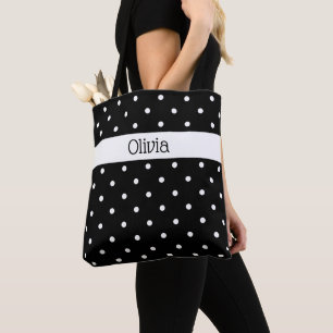 Bolsa Tote Padrão de Bolinhas Preta de Nome Personalizado
