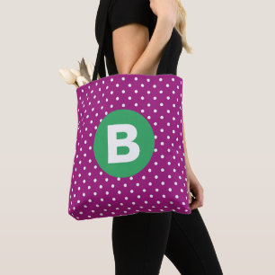 Bolsa Tote Padrão de Bolinhas Roxas Monograma Verde