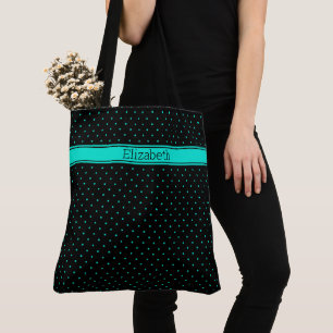 Bolsa Tote Padrão de Bolinhas Verde-azulado em Preto com Text