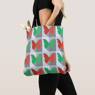 Bolsa Tote Padrão de Borboleta Vermelha e Verde