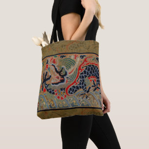 Bolsa Tote Padrão de bordado em seda de dragão chinês antigo